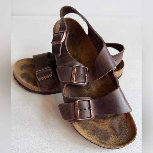 Birkenstock Milano Men’s 44 US 11 Habana Brown Leather Sandal Buckle Ankle Strap - Picture 1 of 12